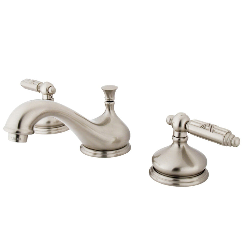 Georgian Two-Handle 3-Hole Deck Mount Widespread Bathroom Faucet with Brass Pop-Up