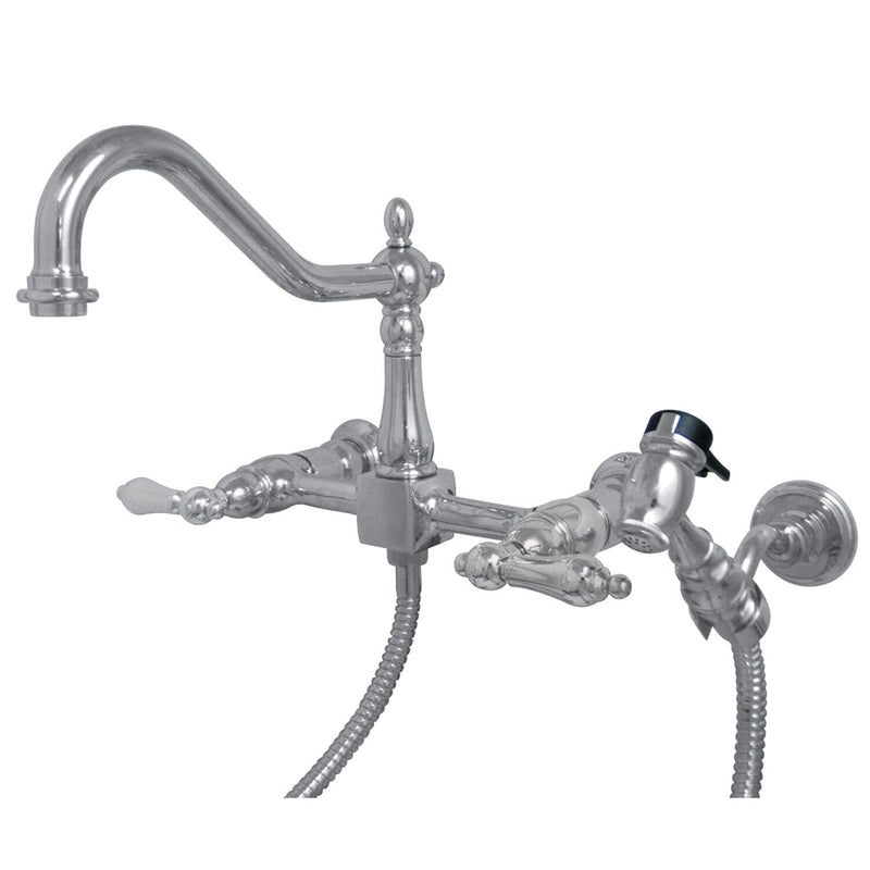 Heritage Double-Handle 3-Hole Wall-Mount Bridge Kitchen Faucet with Brass Sprayer