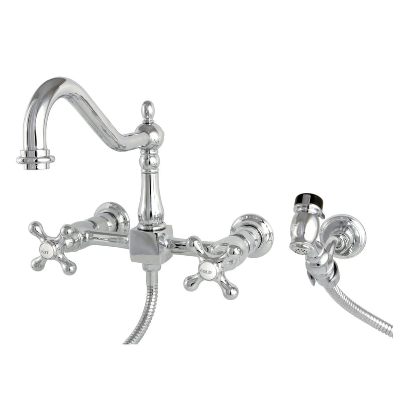 Heritage Double-Handle 3-Hole Wall-Mount Bridge Kitchen Faucet with Brass Sprayer