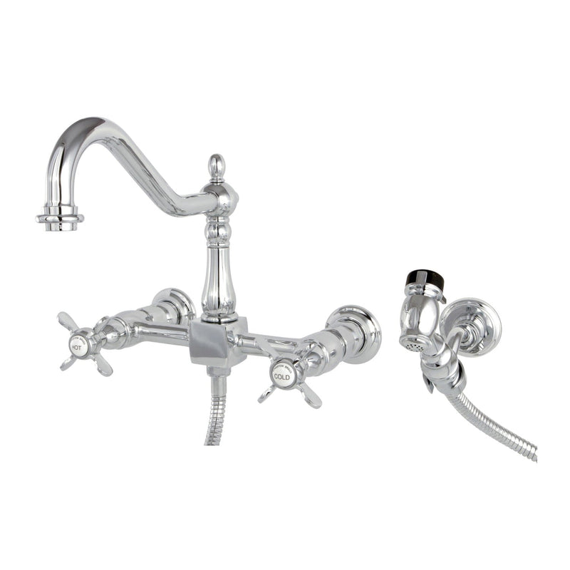 Essex Two-Handle 3-Hole Wall Mount Bridge Kitchen Faucet with Brass Sprayer