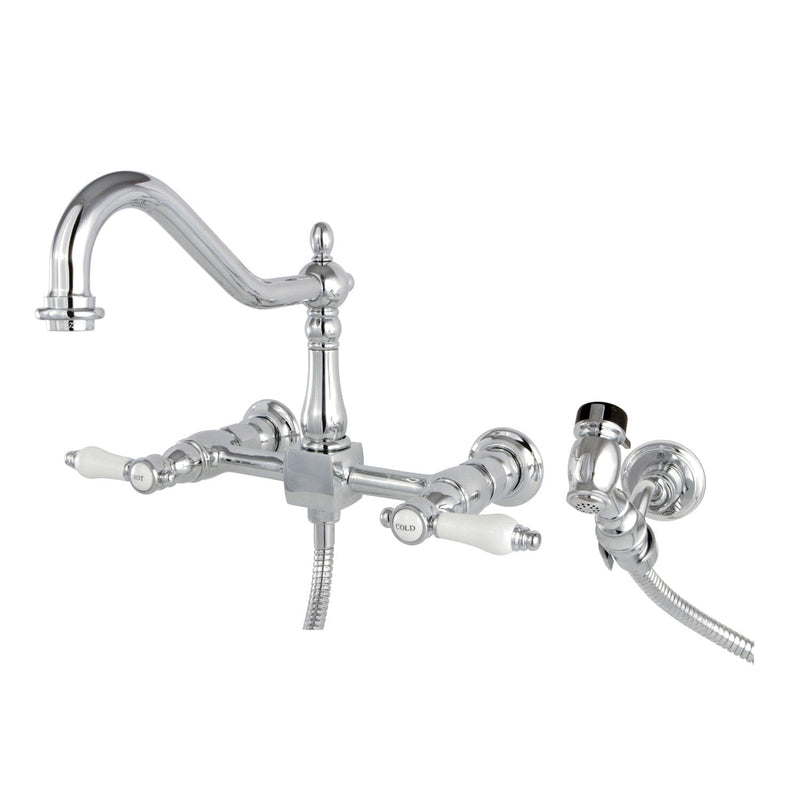 Bel-Air Double-Handle 3-Hole Wall-Mount Bridge Kitchen Faucet with Brass Sprayer