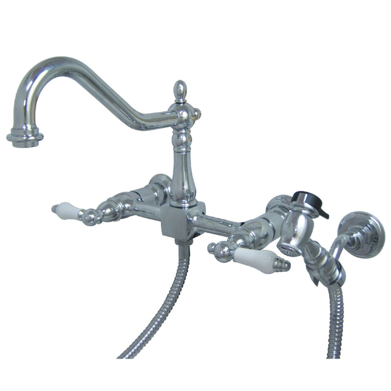 Heritage Double-Handle 3-Hole Wall-Mount Bridge Kitchen Faucet with Brass Sprayer