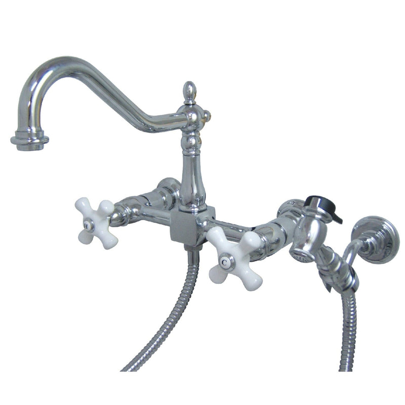 Heritage Double-Handle 3-Hole Wall-Mount Bridge Kitchen Faucet with Brass Sprayer