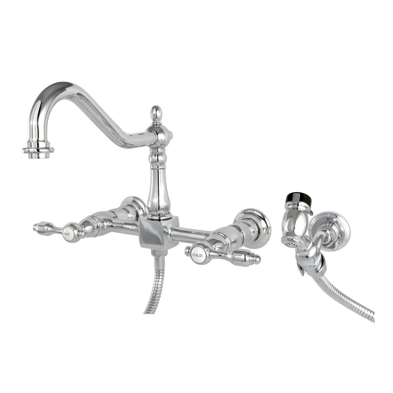 Tudor Double-Handle 3-Hole Wall-Mount Bridge Kitchen Faucet with Brass Sprayer