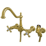Heritage Double-Handle 3-Hole Wall-Mount Bridge Kitchen Faucet with Brass Sprayer