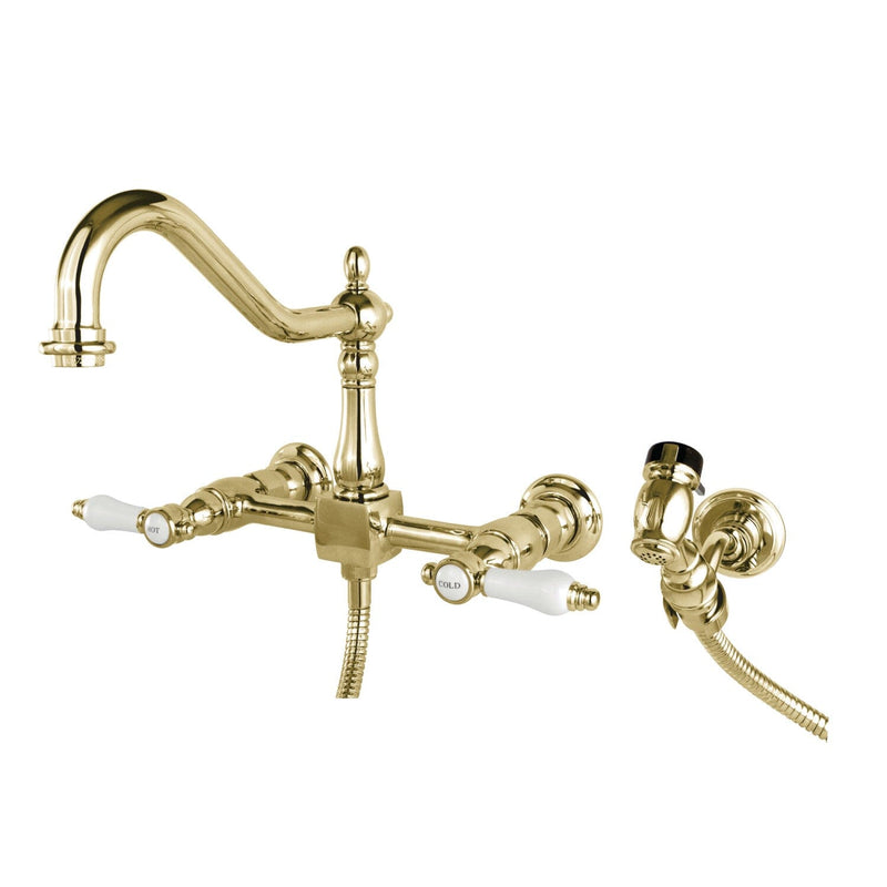 Bel-Air Two-Handle 3-Hole Wall Mount Bridge Kitchen Faucet with Brass Sprayer