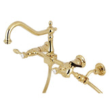 Tudor Double-Handle 3-Hole Wall-Mount Bridge Kitchen Faucet with Brass Sprayer