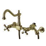 Heritage Double-Handle 3-Hole Wall-Mount Bridge Kitchen Faucet with Brass Sprayer