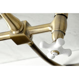 Heritage Double-Handle 3-Hole Wall-Mount Bridge Kitchen Faucet with Brass Sprayer