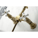 Heritage Double-Handle 3-Hole Wall-Mount Bridge Kitchen Faucet with Brass Sprayer