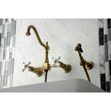Heritage Double-Handle 3-Hole Wall-Mount Bridge Kitchen Faucet with Brass Sprayer