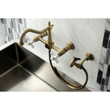 Heritage Double-Handle 3-Hole Wall-Mount Bridge Kitchen Faucet with Brass Sprayer