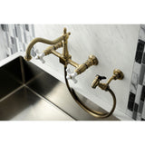 Heritage Two-Handle 2-Hole Wall Mount Bridge Kitchen Faucet with Brass Sprayer