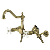 Heritage Double-Handle 3-Hole Wall-Mount Bridge Kitchen Faucet with Brass Sprayer