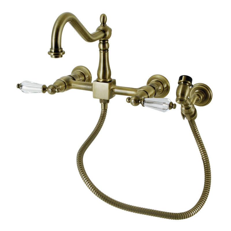 Wilshire Double-Handle 3-Hole Wall-Mount Bridge Kitchen Faucet with Brass Sprayer
