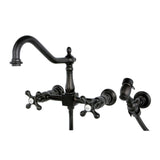 Heritage Double-Handle 3-Hole Wall-Mount Bridge Kitchen Faucet with Brass Sprayer