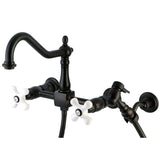 Heritage Double-Handle 3-Hole Wall-Mount Bridge Kitchen Faucet with Brass Sprayer