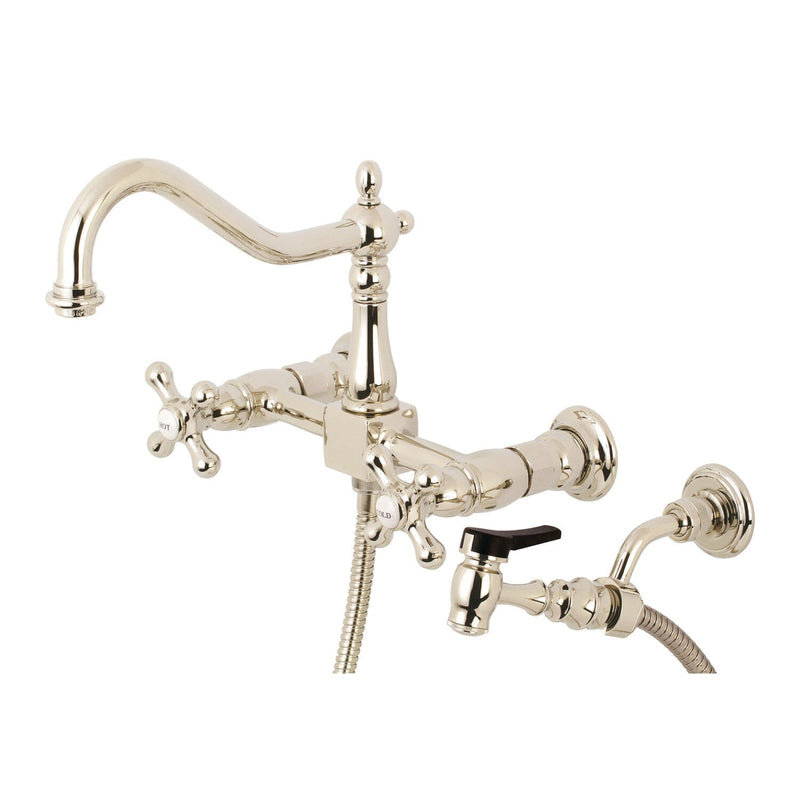Heritage Double-Handle 3-Hole Wall-Mount Bridge Kitchen Faucet with Brass Sprayer
