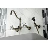Heritage Double-Handle 3-Hole Wall-Mount Bridge Kitchen Faucet with Brass Sprayer