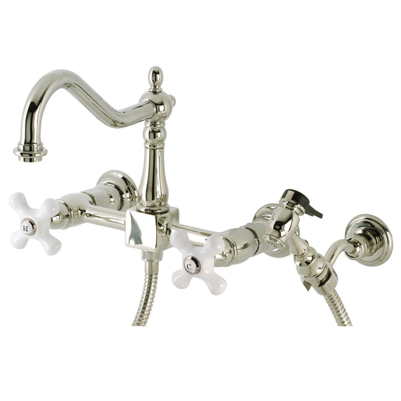 Heritage Double-Handle 3-Hole Wall-Mount Bridge Kitchen Faucet with Brass Sprayer