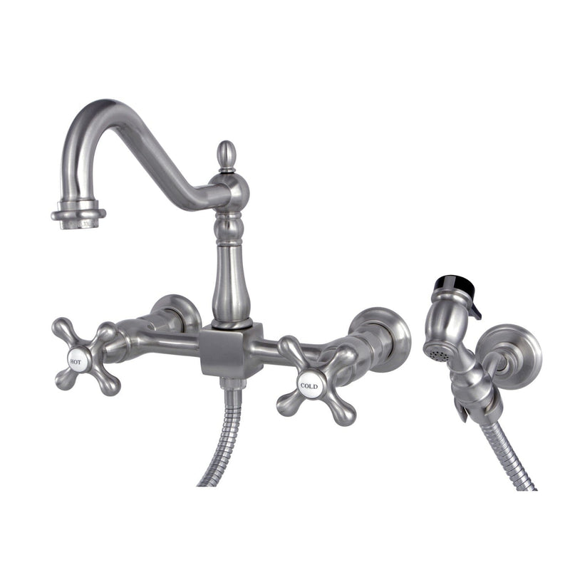 Heritage Double-Handle 3-Hole Wall-Mount Bridge Kitchen Faucet with Brass Sprayer