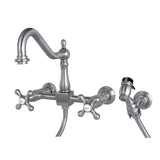 Heritage Two-Handle 2-Hole Wall Mount Bridge Kitchen Faucet with Brass Sprayer