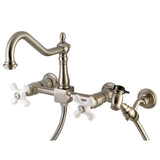 Heritage Double-Handle 3-Hole Wall-Mount Bridge Kitchen Faucet with Brass Sprayer