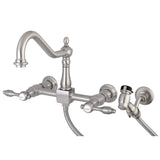 Tudor Double-Handle 3-Hole Wall-Mount Bridge Kitchen Faucet with Brass Sprayer