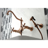 Heritage Double-Handle 3-Hole Wall-Mount Bridge Kitchen Faucet with Brass Sprayer