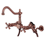 Heritage Double-Handle 3-Hole Wall-Mount Bridge Kitchen Faucet with Brass Sprayer