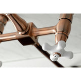 Heritage Double-Handle 3-Hole Wall-Mount Bridge Kitchen Faucet with Brass Sprayer