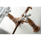 Heritage Double-Handle 3-Hole Wall-Mount Bridge Kitchen Faucet with Brass Sprayer