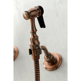 Heritage Double-Handle 3-Hole Wall-Mount Bridge Kitchen Faucet with Brass Sprayer
