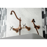 Heritage Double-Handle 3-Hole Wall-Mount Bridge Kitchen Faucet with Brass Sprayer