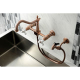 Heritage Double-Handle 3-Hole Wall-Mount Bridge Kitchen Faucet with Brass Sprayer