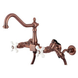 Heritage Double-Handle 3-Hole Wall-Mount Bridge Kitchen Faucet with Brass Sprayer