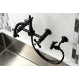 Heritage Double-Handle 3-Hole Wall-Mount Bridge Kitchen Faucet with Brass Sprayer