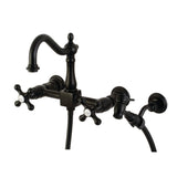 Heritage Double-Handle 3-Hole Wall-Mount Bridge Kitchen Faucet with Brass Sprayer