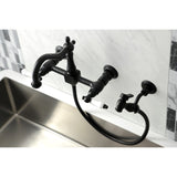 Heritage Double-Handle 3-Hole Wall-Mount Bridge Kitchen Faucet with Brass Sprayer