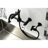 Heritage Double-Handle 3-Hole Wall-Mount Bridge Kitchen Faucet with Brass Sprayer