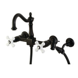 Heritage Double-Handle 3-Hole Wall-Mount Bridge Kitchen Faucet with Brass Sprayer