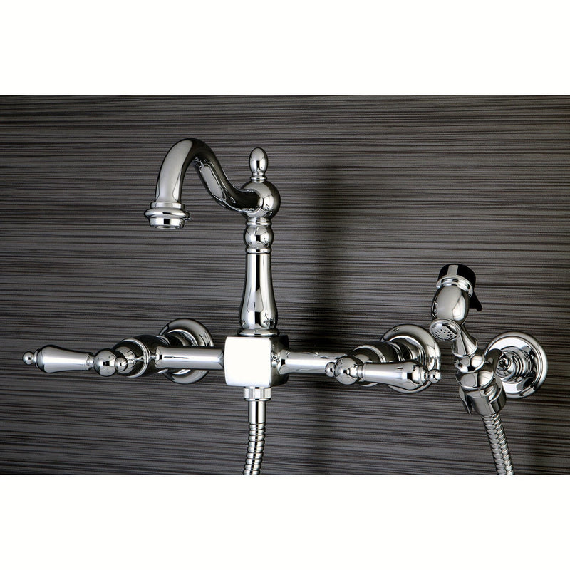 Heritage Double-Handle 3-Hole Wall-Mount Bridge Kitchen Faucet with Brass Sprayer
