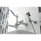Heritage Double-Handle 3-Hole Wall-Mount Bridge Kitchen Faucet with Brass Sprayer