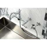 Heritage Double-Handle 3-Hole Wall-Mount Bridge Kitchen Faucet with Brass Sprayer