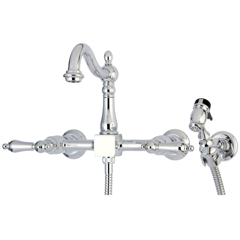 Heritage Double-Handle 3-Hole Wall-Mount Bridge Kitchen Faucet with Brass Sprayer