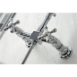 Heritage Double-Handle 3-Hole Wall-Mount Bridge Kitchen Faucet with Brass Sprayer