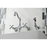 Heritage Double-Handle 3-Hole Wall-Mount Bridge Kitchen Faucet with Brass Sprayer