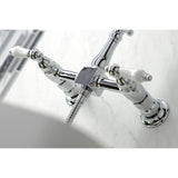 Heritage Double-Handle 3-Hole Wall-Mount Bridge Kitchen Faucet with Brass Sprayer