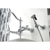 Heritage Double-Handle 3-Hole Wall-Mount Bridge Kitchen Faucet with Brass Sprayer