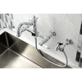Heritage Double-Handle 3-Hole Wall-Mount Bridge Kitchen Faucet with Brass Sprayer